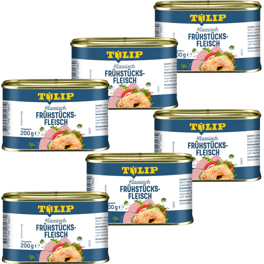 Mehrere Dosen Klassisches Frühstücksfleisch von Tulip, 200g, mit Zutatenliste und Serviervorschlag.