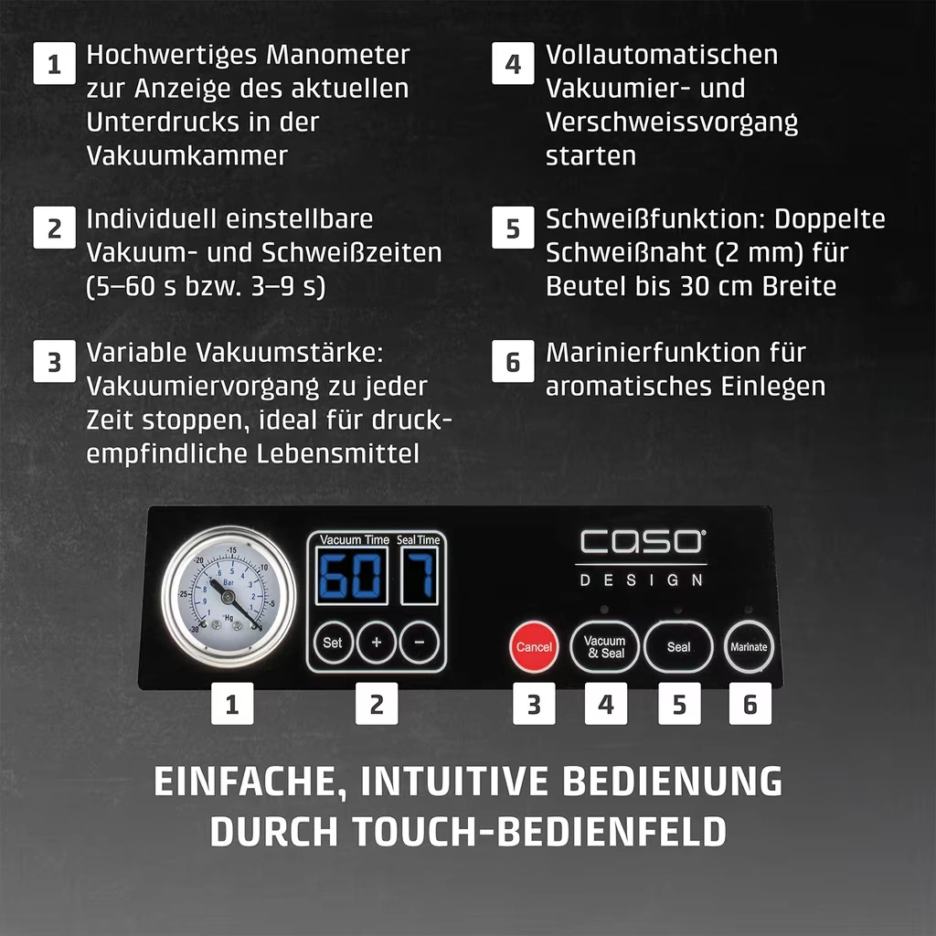 Hochwertiges Manometer mit Vakuumkammeranzeige, individuell einstellbare Vakuum- und Schweißzeiten.