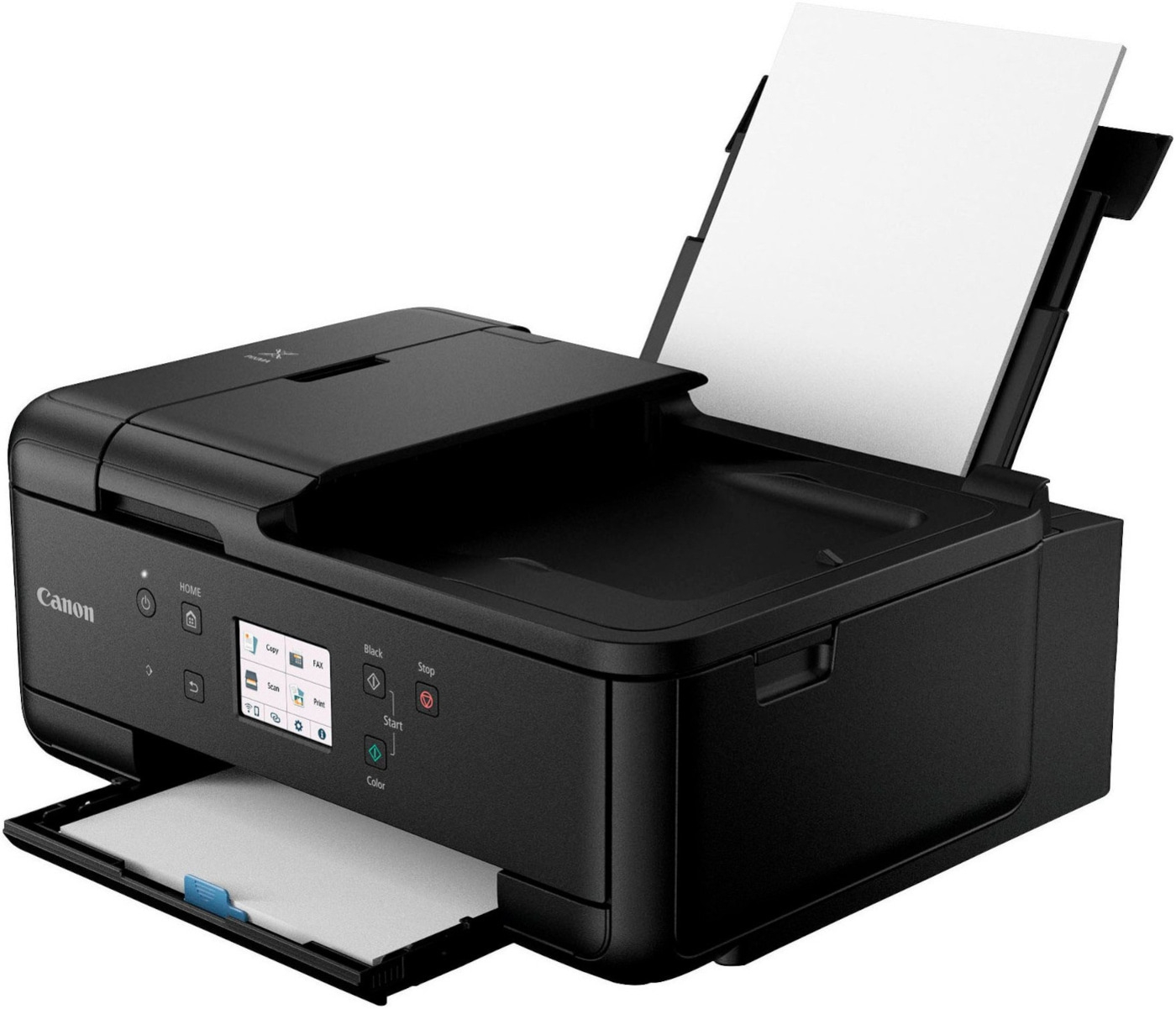 Schwarzer Canon-Drucker mit offenem Deckel und Papierausgabe, bereit zum Drucken.