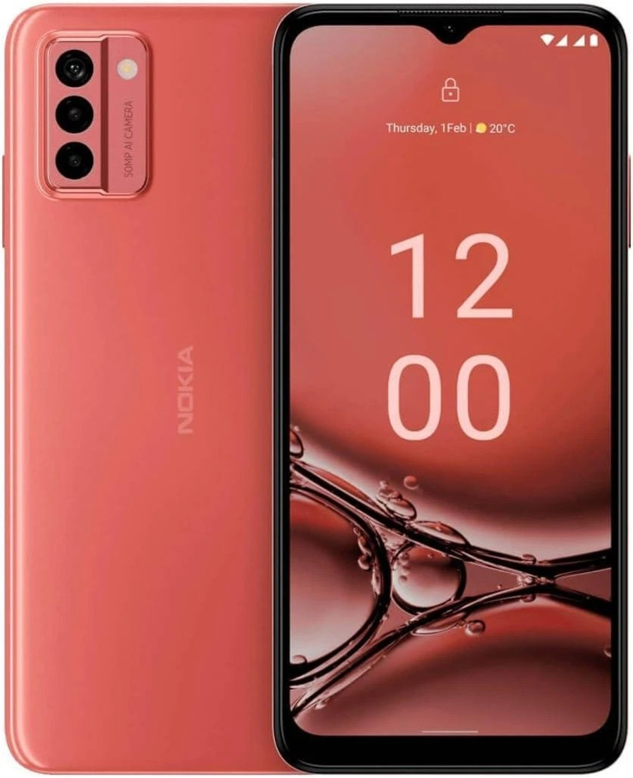 Eine rote Nokia Handy-Kamera mit drei Objektiven auf der Rückseite und ein Sperrbildschirm mit der Zeit.