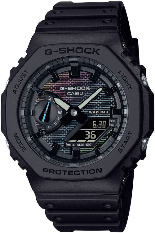 Schwarze G-Shock-Uhr mit farbigem Zifferblatt und digitaler Anzeige. Wasserdicht.