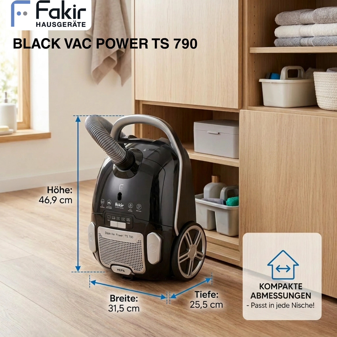 Fakir Hausgeräte Black Vac Power TS 790 Staubsauger mit Maßen Höhe 46,9 cm, Breite 31,5 cm und Tiefe 25,5 cm.