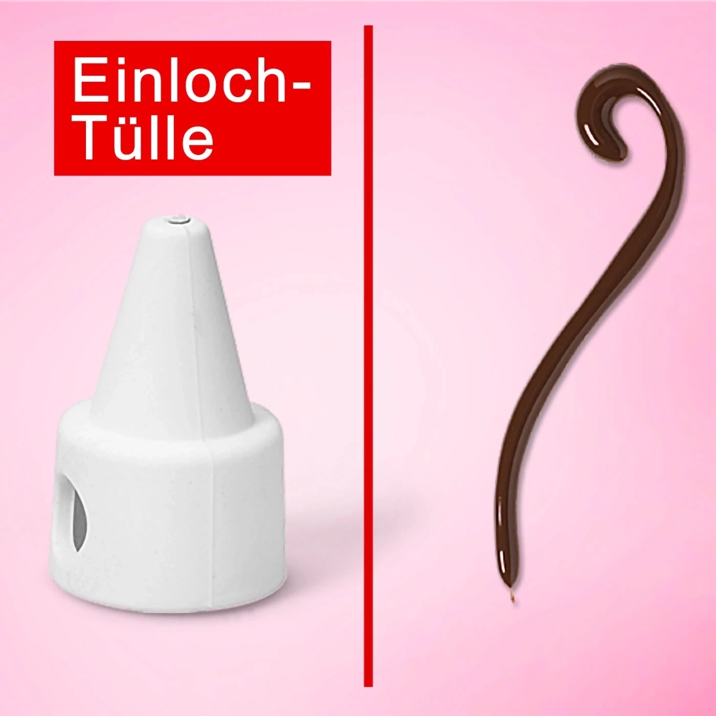 Einloch-Tülle mit Schokoladen-Dekoration auf rosa Hintergrund