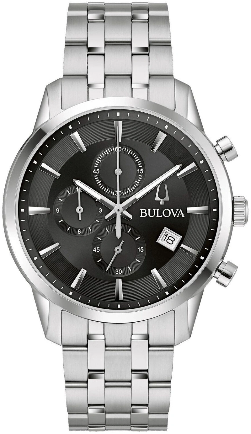 Bulova-Herrenuhr mit schwarzem Zifferblatt und silbernem Armband, Chronograph