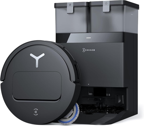 Schwarzer Roboter-Staubsauger mit Ladestation, ECOVACS-Marke, modernes Design, Reinigungstechnologie