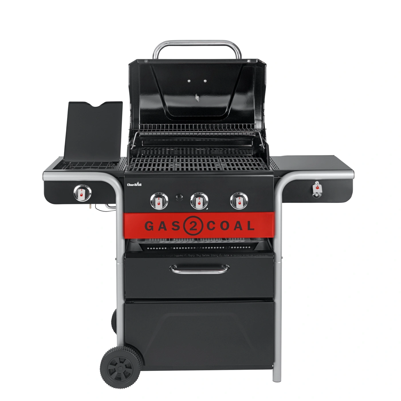 Ein schwarzer Gasgrill mit drei Reglern und der Aufschrift GAS 2 COAL.