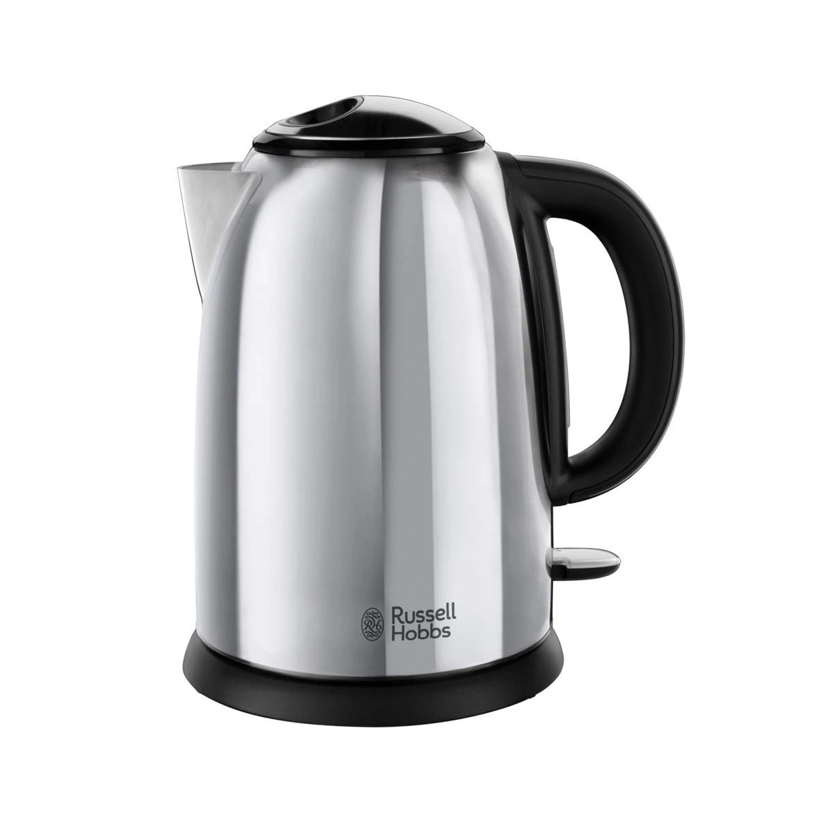 Ein glänzender Russell Hobbs Wasserkocher mit schwarzem Griff und Deckel.