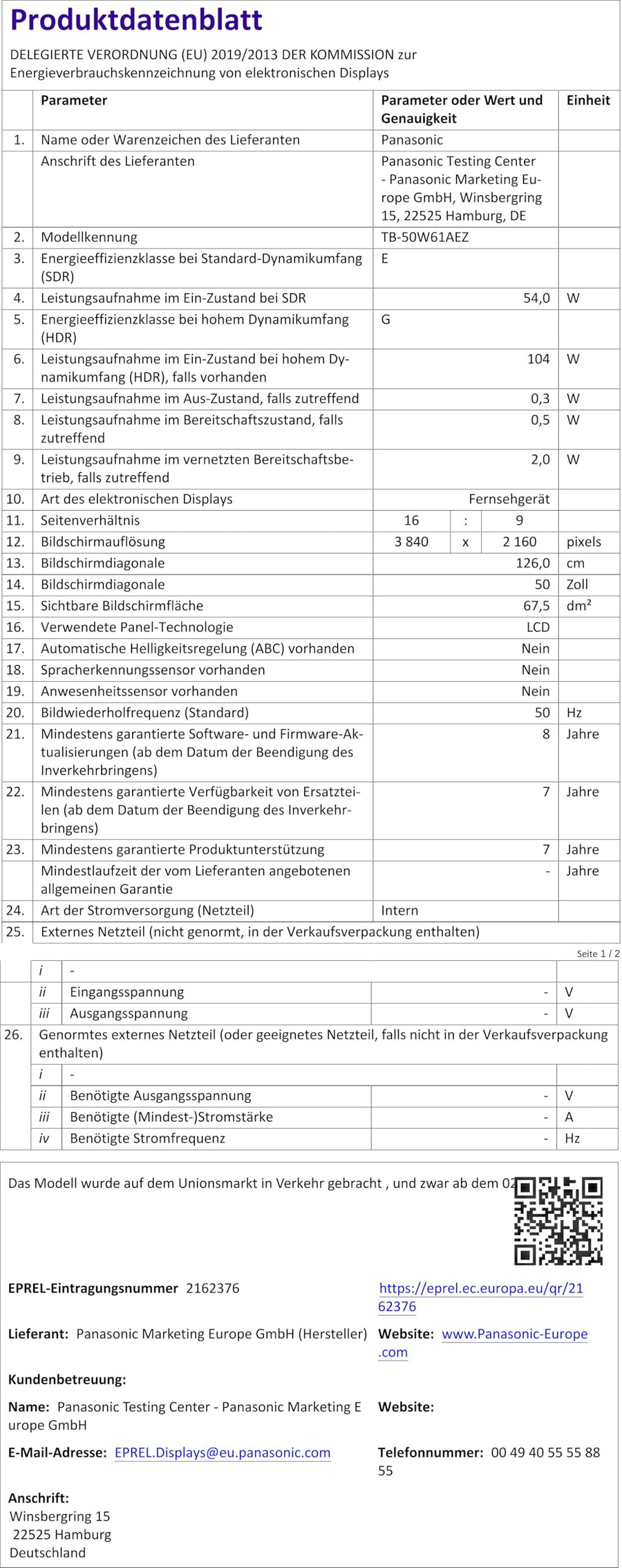 Produktdatenblatt: Energieeffizienz, Bildschirmauflösung, Verbrauch, Panasonic, Fernseher, Display, Datenblatt.