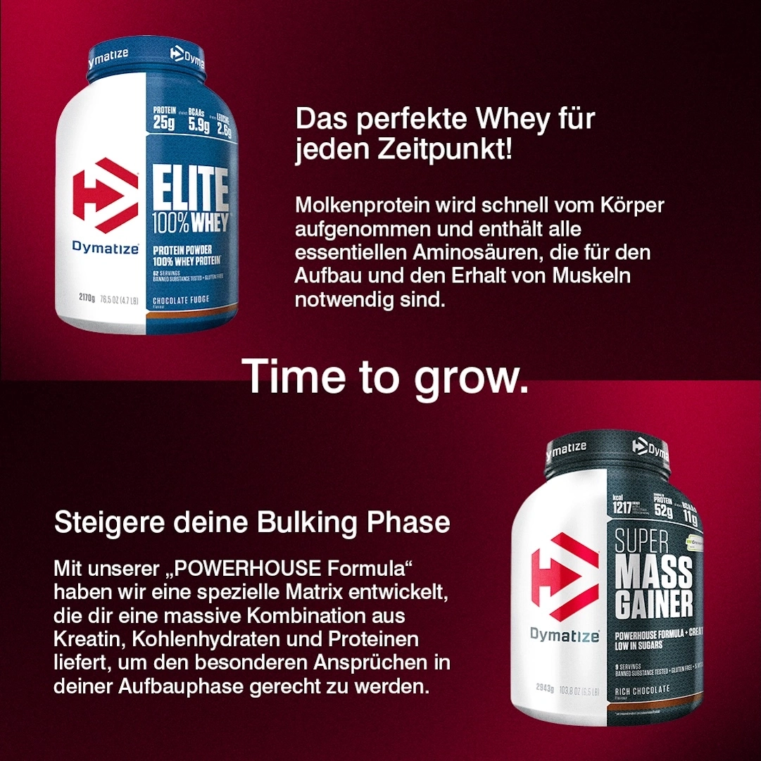 Dymatize Elite 100% Whey und Super Mass Gainer für Muskelaufbau.