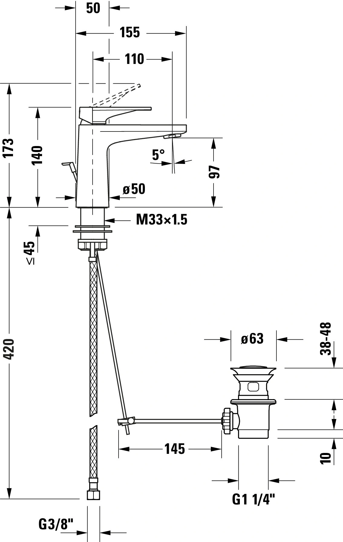 Wasserhahn-Zeichnung mit Maßen, Winkel, Durchmesser und Gewindeangaben für Sanitärinstallationen.