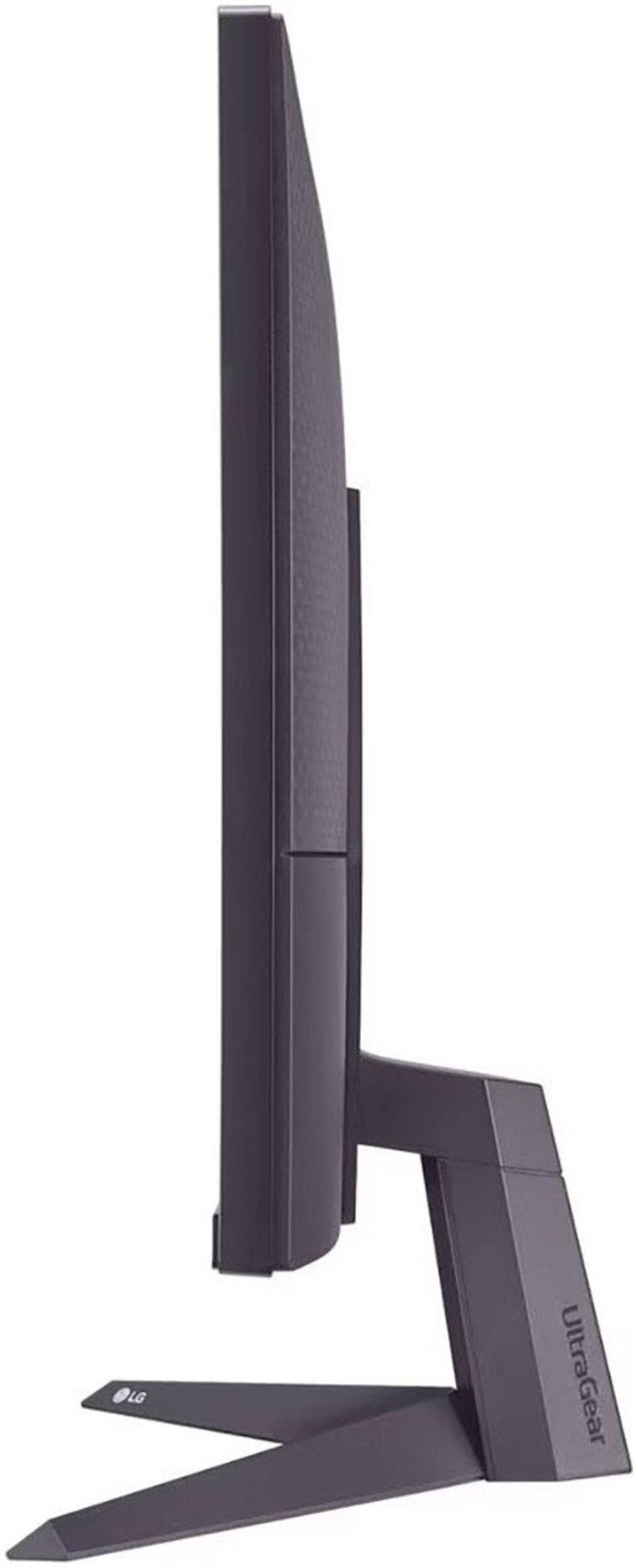 LG UltraGear Monitor, Seitenansicht, dunkles Design, Standfuß, schlankes Profil, Gaming-Monitor