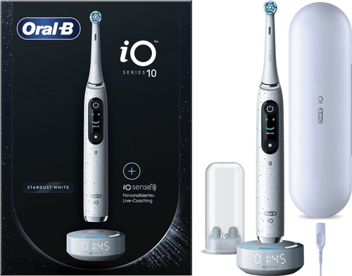 Oral-B iO Series 10 Zahnbürste, Stardust White, mit Ladestation und Zubehör.