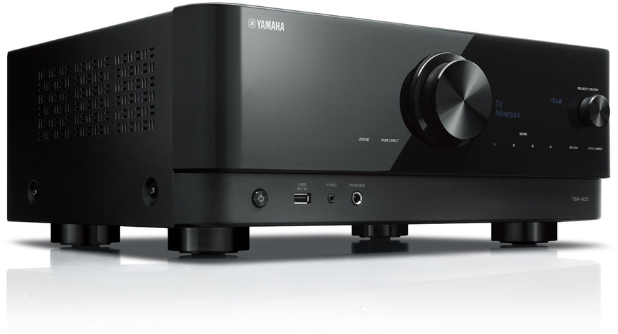 Schwarzer Yamaha-Receiver mit Knöpfen und Anschlüssen, Modell TSR-400.