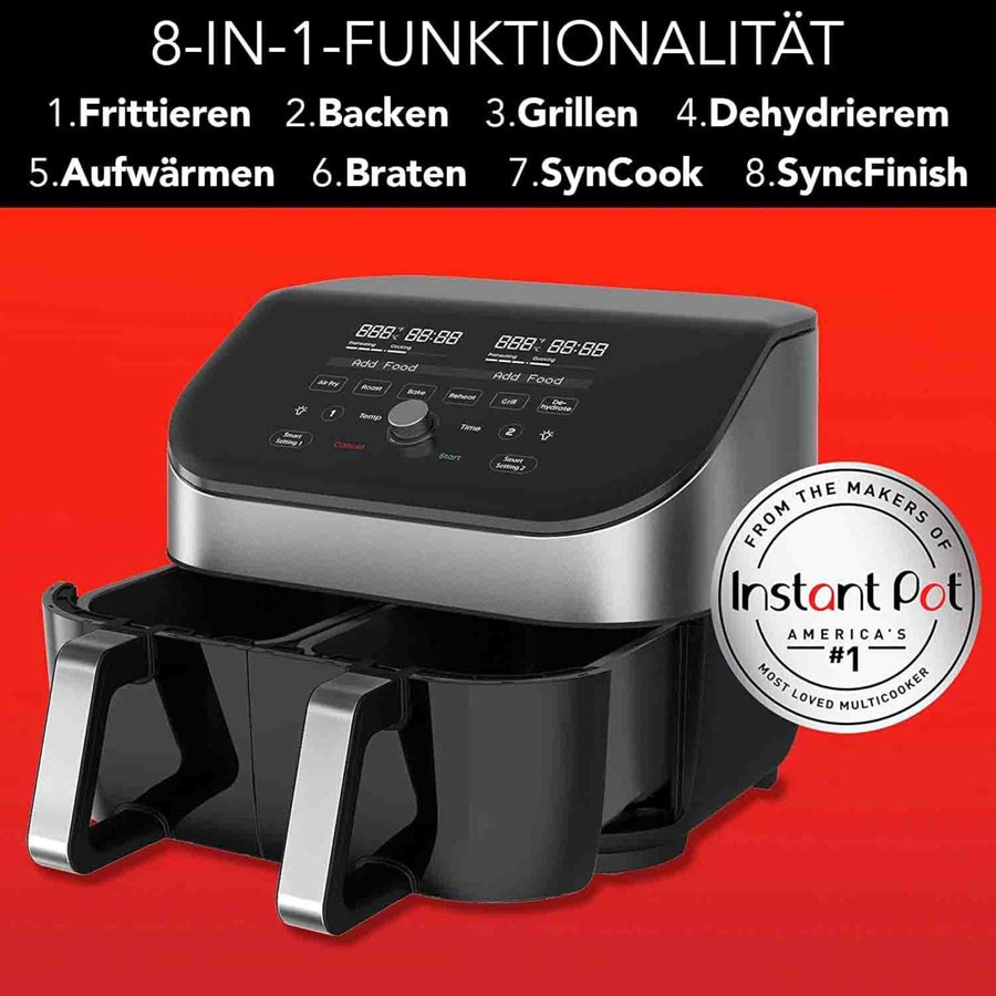 Instant Pot Airfryer mit 8 Funktionen: Frittieren, Backen, Grillen, Dehydrieren, Aufwärmen, Braten, SynCook, SyncFinish
