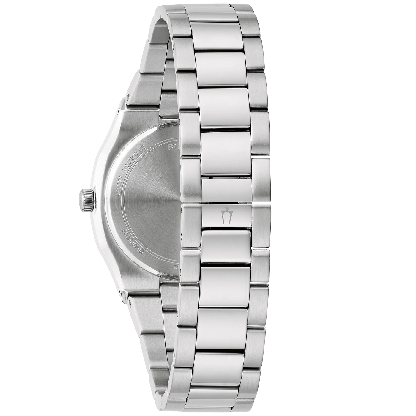 Nahaufnahme einer silbernen Uhr mit Metallarmband und Logo auf dem Zifferblatt