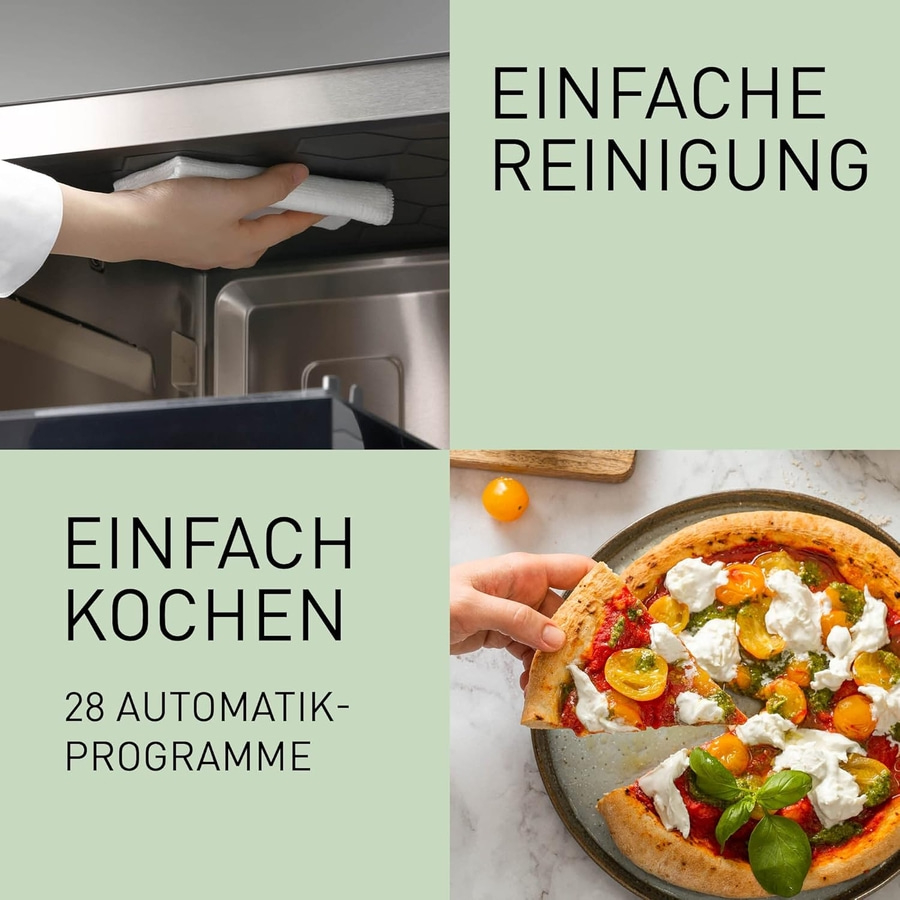 Einfache Reinigung, Kochen mit 28 Programmen, Pizza mit Tomaten und Käse