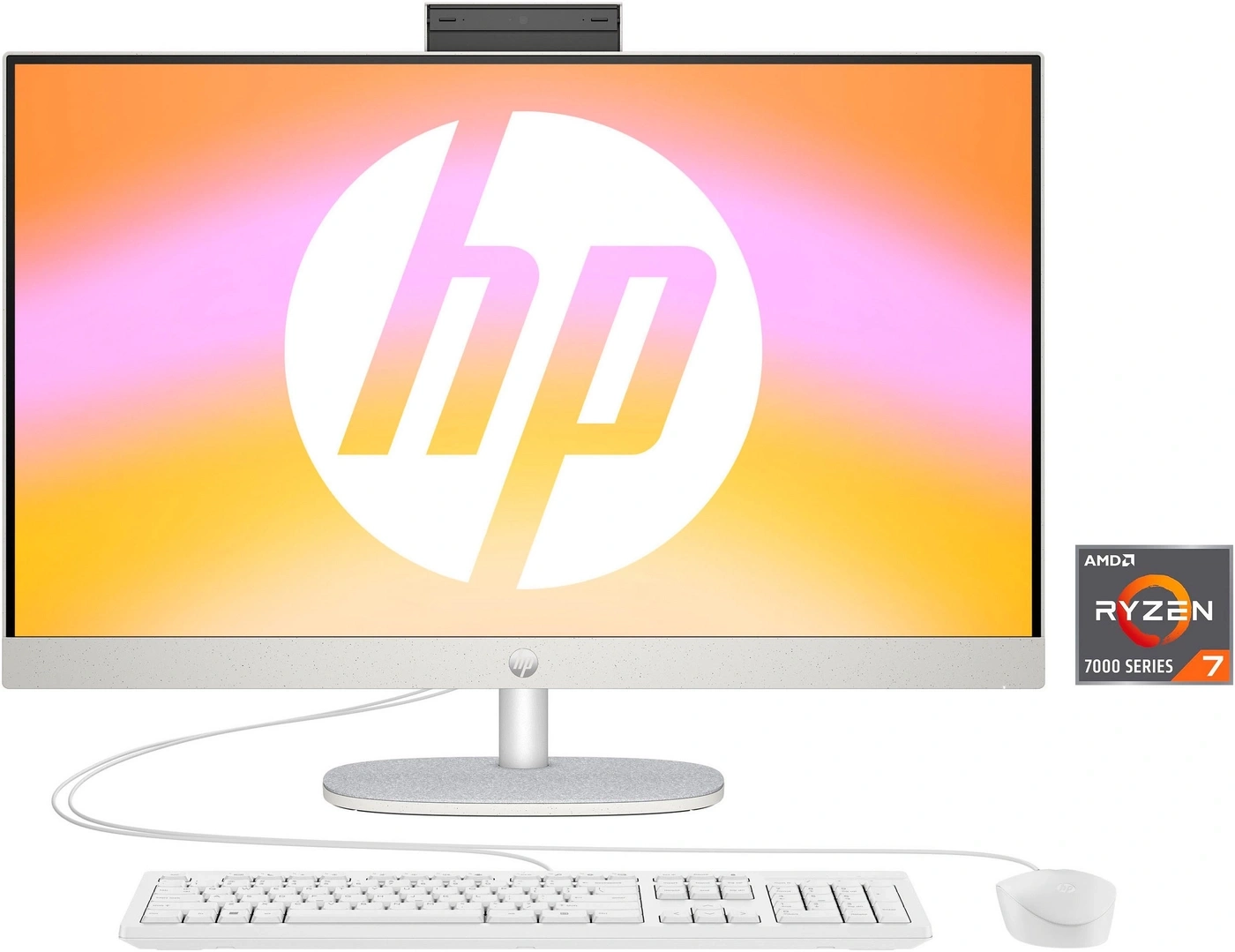 Ein weißer HP All-in-One PC mit AMD Ryzen 7 Prozessor und Zubehör.