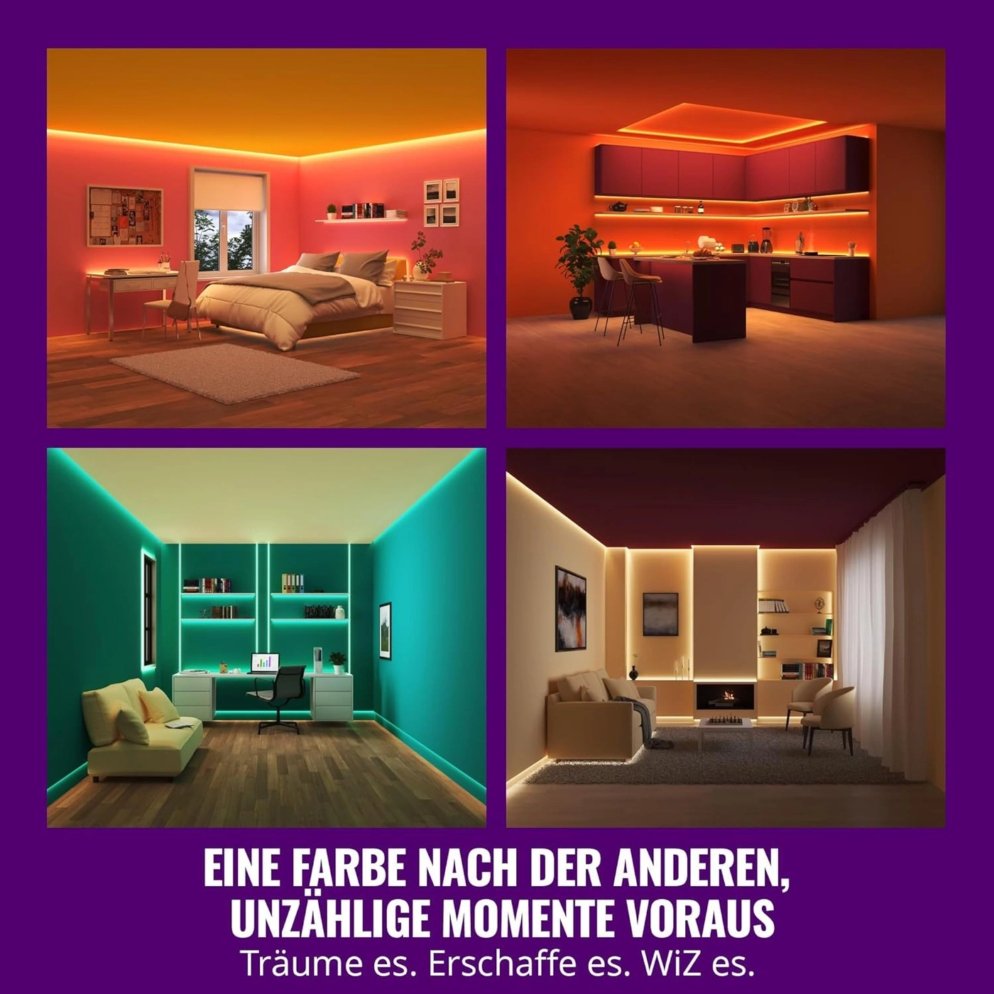 Vier Räume mit farbiger Beleuchtung: Schlafzimmer, Küche, Büro, Wohnzimmer.