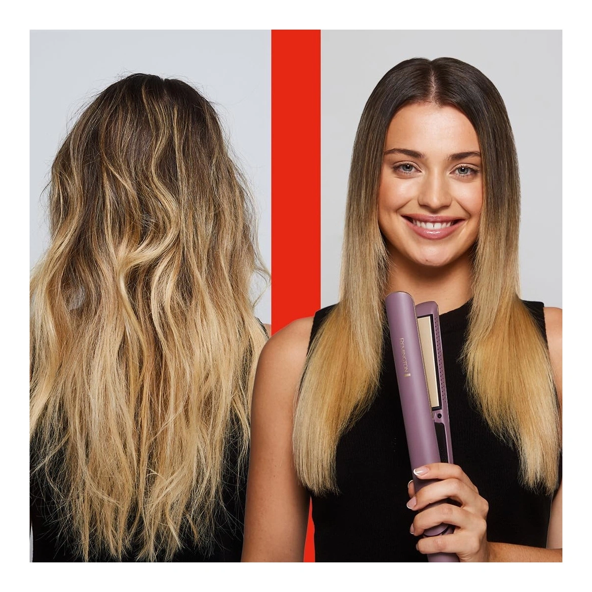 Vorher-Nachher-Bild: Frau mit lockigem Haar, dann glattem Haar, mit Glätteisen.
