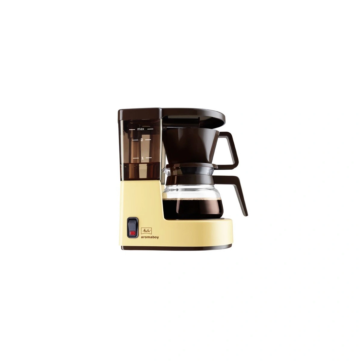 Eine gelbe Melitta Aromaboy Kaffeemaschine mit Glaskanne und braunen Elementen.