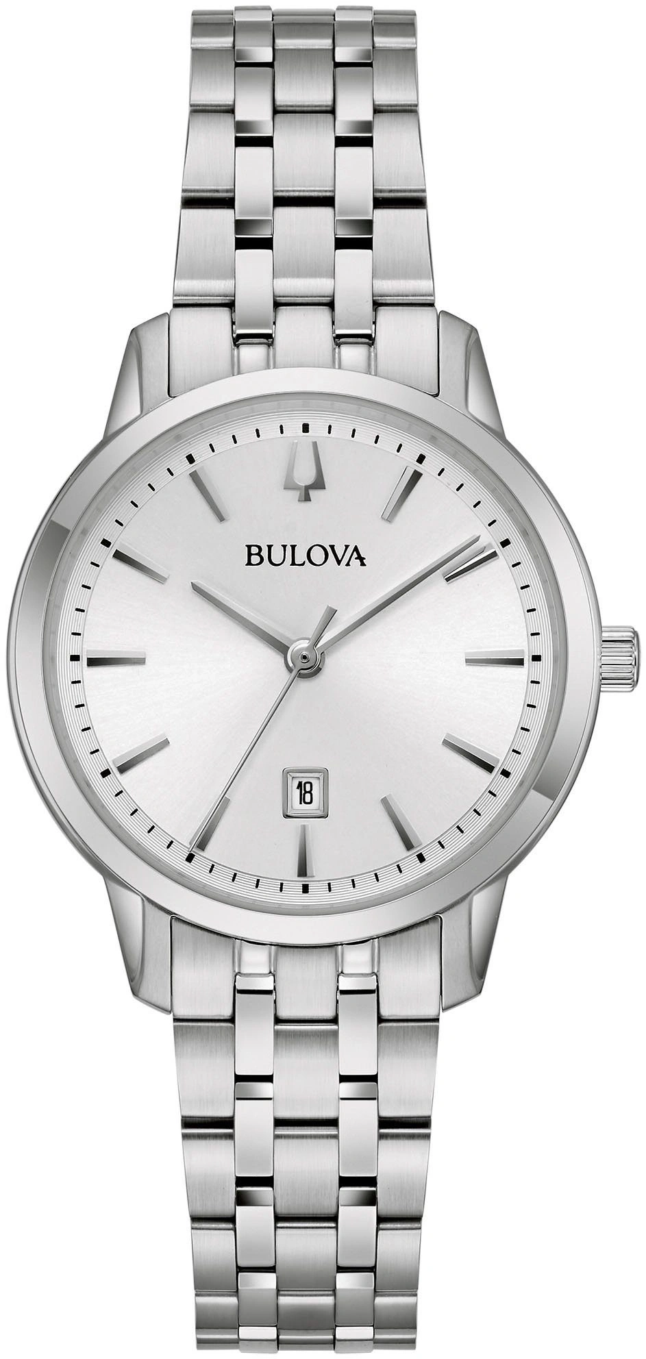 Eine Nahaufnahme einer silbernen Bulova Armbanduhr mit silbernem Zifferblatt und Datumsanzeige.