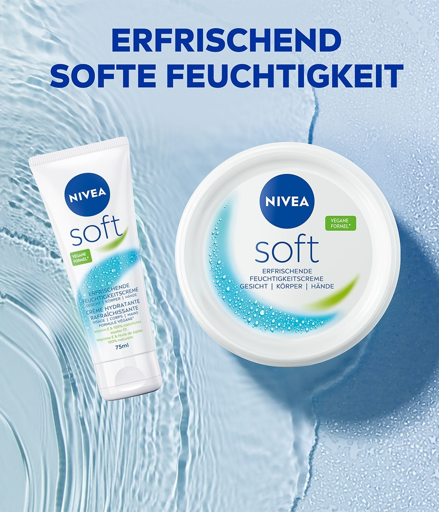 Nivea Soft Creme, erfrischend, softe Feuchtigkeit, Gesicht, Körper, Hände, vegan