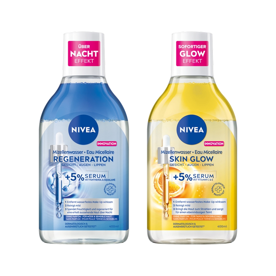 Zwei Nivea Mizellenwasser Flaschen, Regeneration und Skin Glow, für Gesicht, Augen und Lippen.