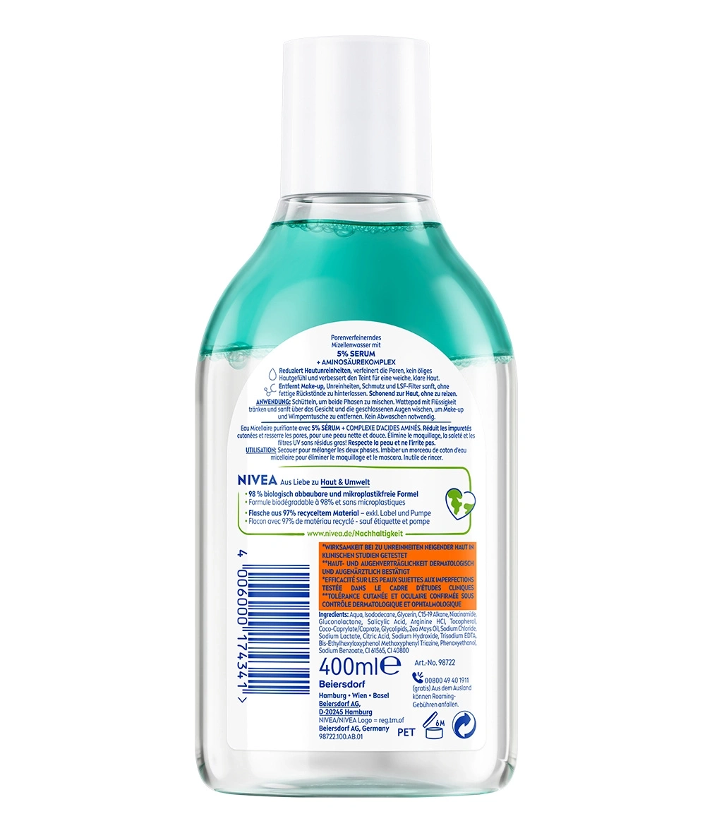 Nivea Mizellenwasser Flasche mit 5% Serum und Aminosäurekomplex, 400ml, Hautpflege