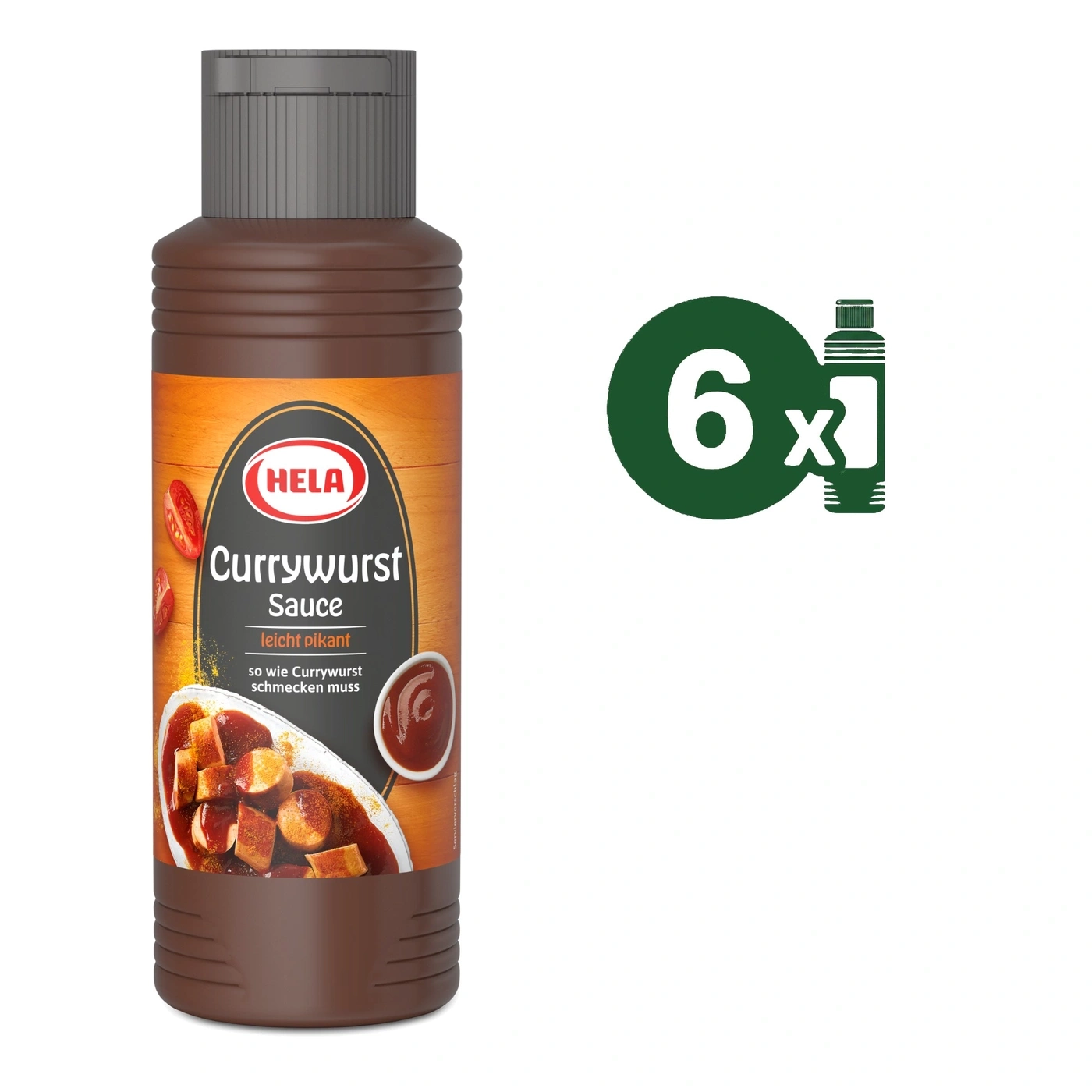 Hela Currywurst Sauce im braunen Flaschenkörper mit grüner Aufschrift 6x1