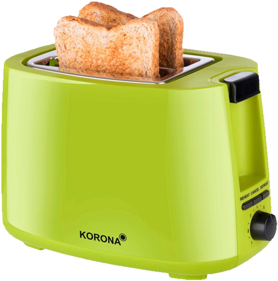 Grüner Toaster mit Toastbrot, Marke Korona, mit verschiedenen Funktionen und Einstellungen.