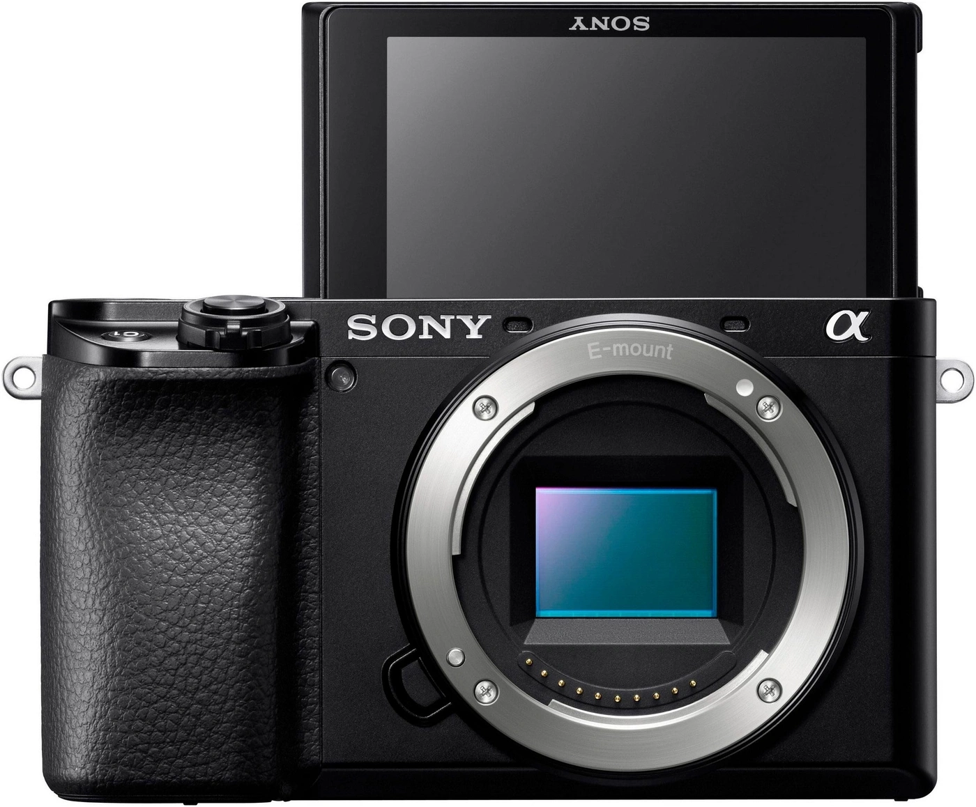 Sony Alpha E-Mount Kamera mit ausgeklapptem Bildschirm und Sensor