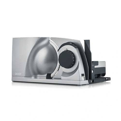 Graef Allesschneider, silberfarben, mit schwarzem Drehknopf und Schneidmesser.