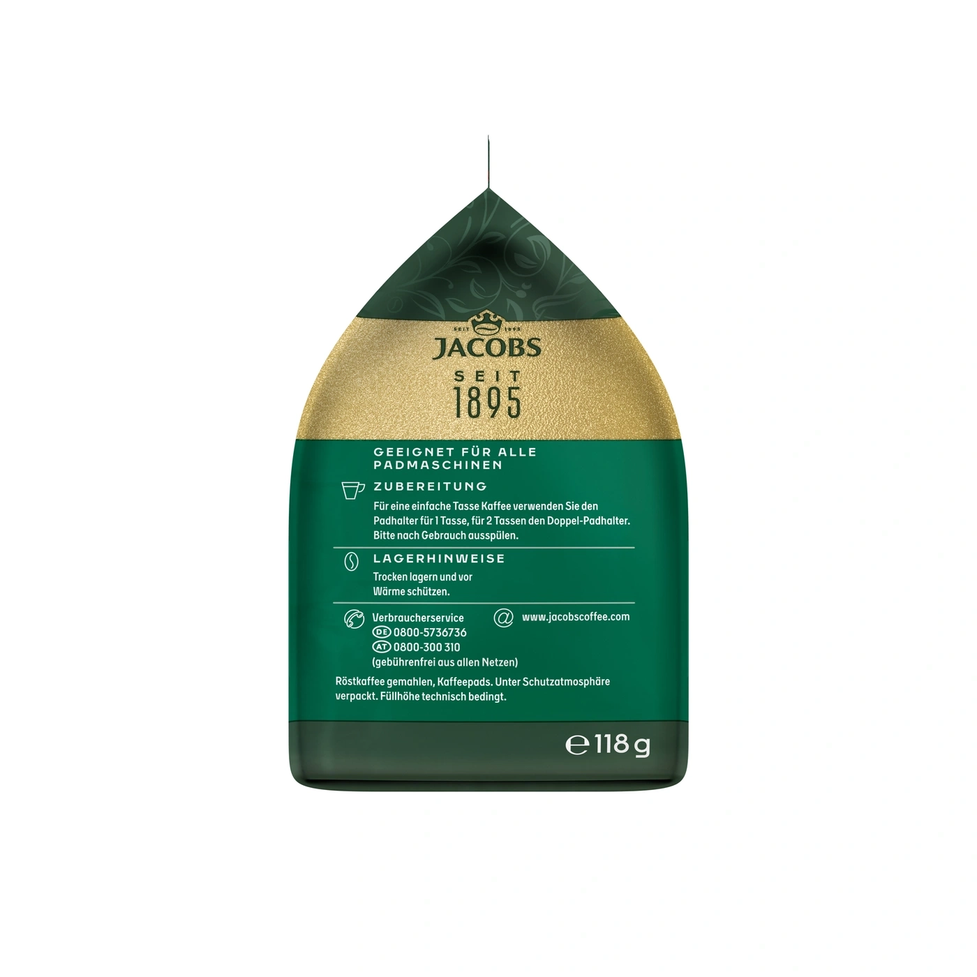 Jacobs Kaffee Pad Packung mit Zubereitungsanleitung und Lagerhinweisen.