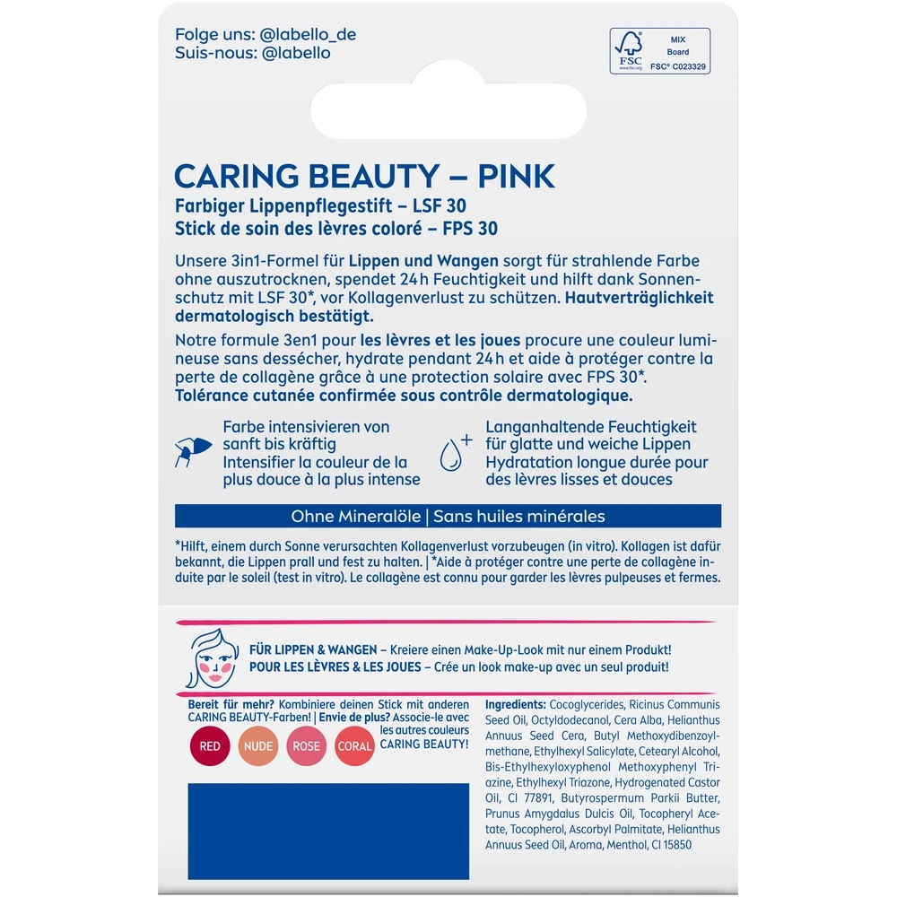 Ein bunter Lippenpflege-Stick mit LSF 30 in der Farbe Pink.