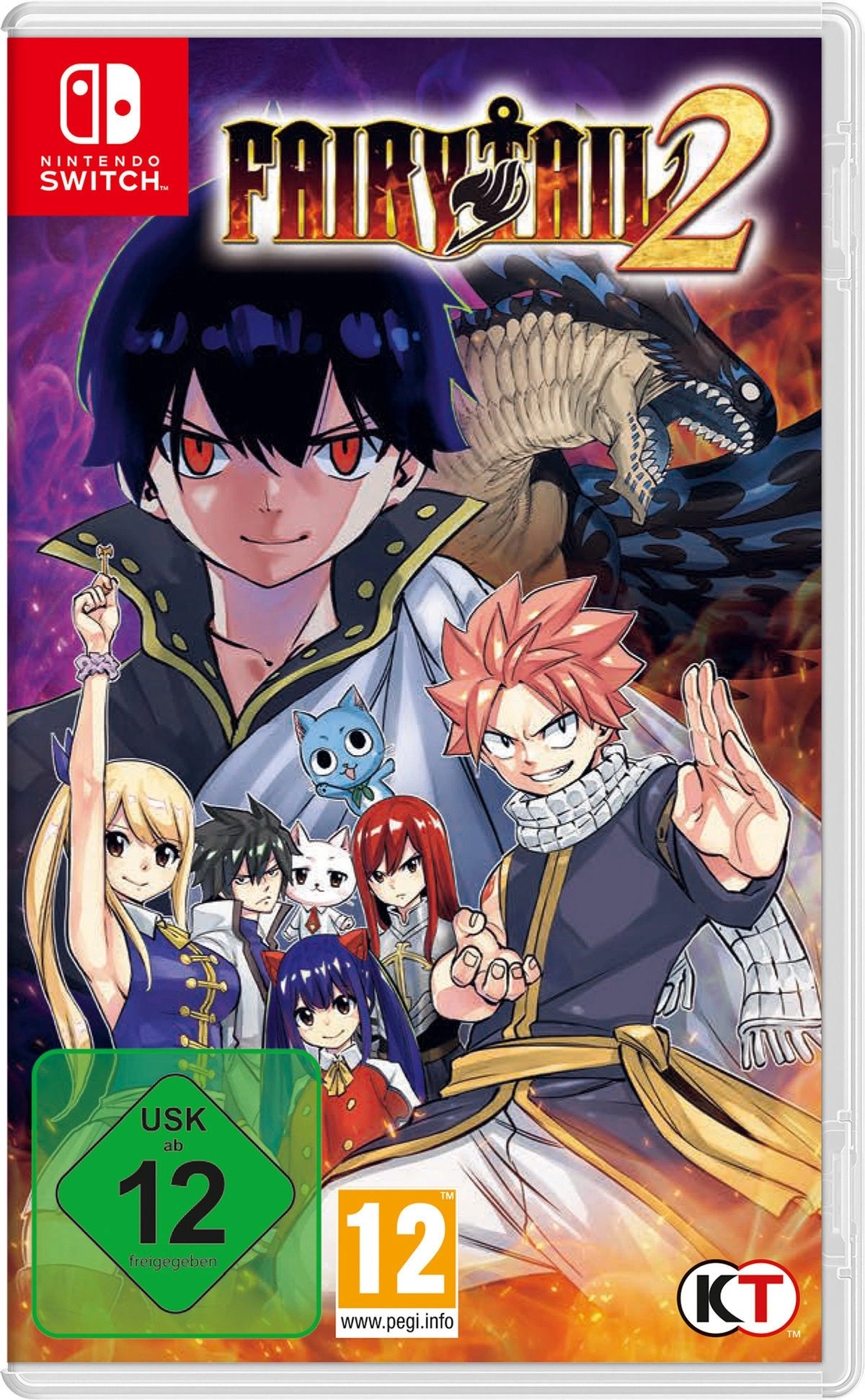 Die Hülle des Spiels "Fairy Tail 2" für Nintendo Switch mit Charakteren und Altersfreigabe.