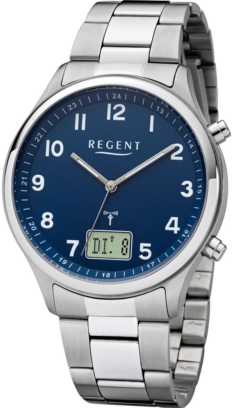 Armbanduhr mit blauem Zifferblatt und digitaler Anzeige