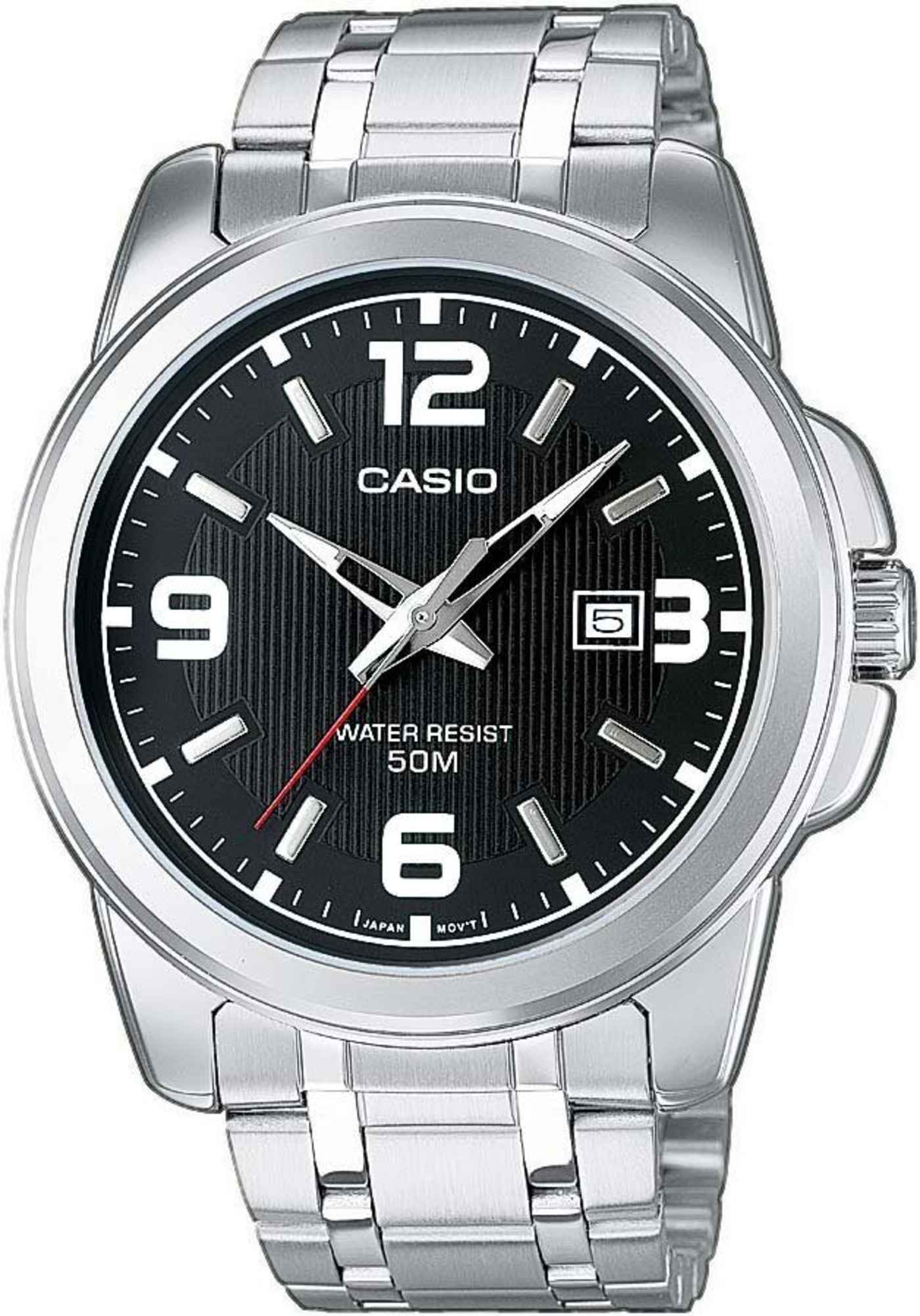 Casio-Uhr mit schwarzem Zifferblatt, silbernem Gehäuse und Armband, 12, 9, 6, 3