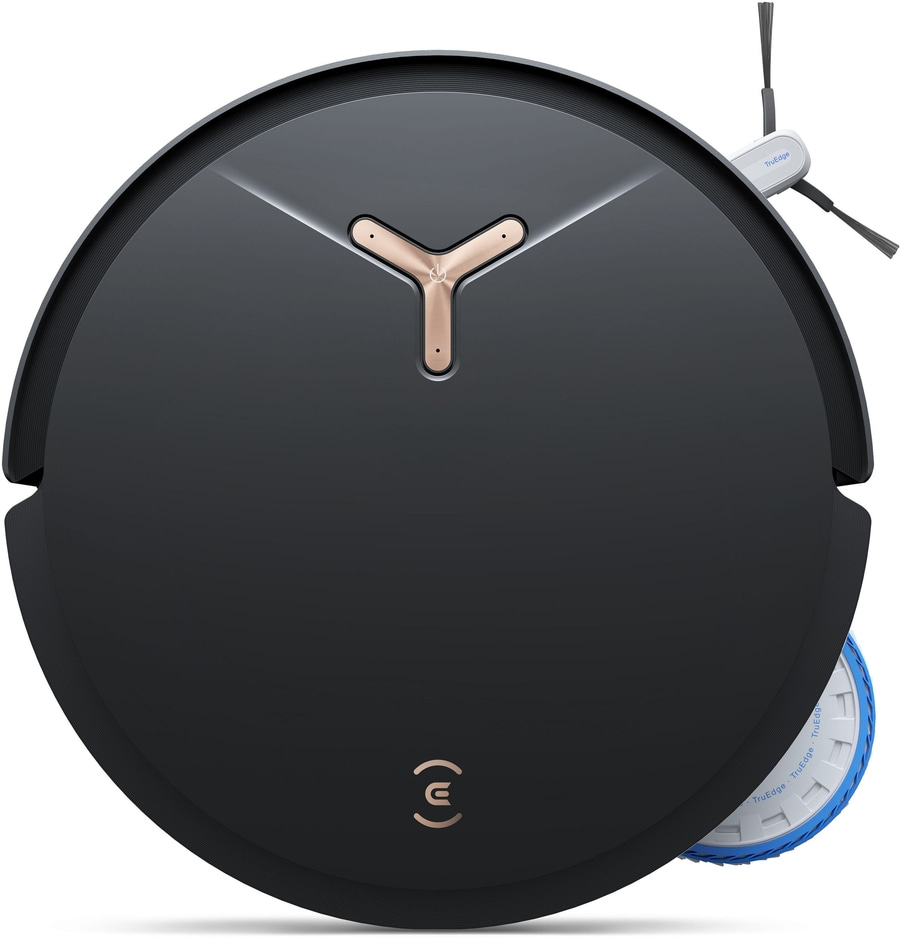 Schwarzer Roboter-Staubsauger mit goldenen Akzenten und blauen Rädern, Nahaufnahme.