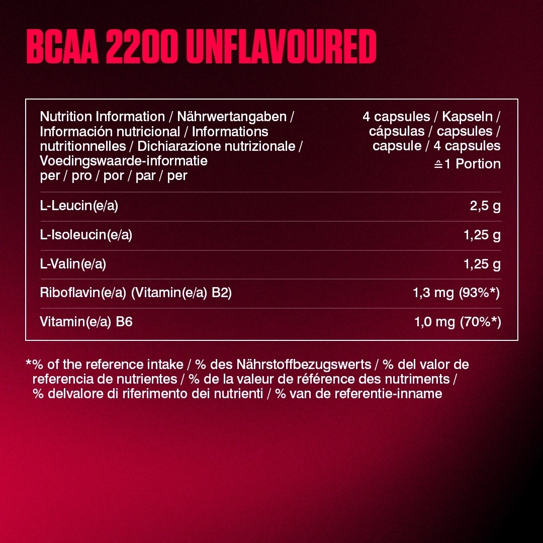 Nährwertangaben für BCAA 2000 Unflavoured mit L-Leucin, L-Isoleucin, L-Valin, Riboflavin und Vitamin B6.