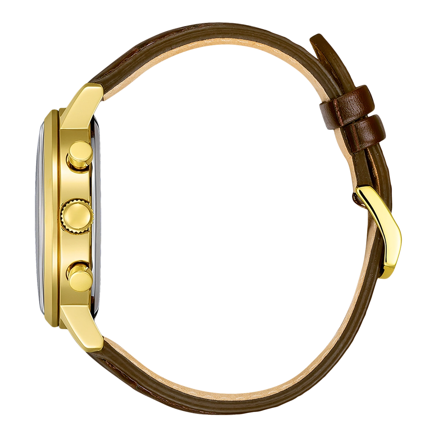 Goldene Uhr mit braunem Lederarmband, Detailaufnahme, Seitenansicht, Nahaufnahme