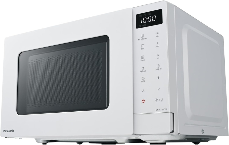 Weißer Panasonic Mikrowellenherd mit digitaler Anzeige und Bedienfeld. NN-GT21QW Modell.