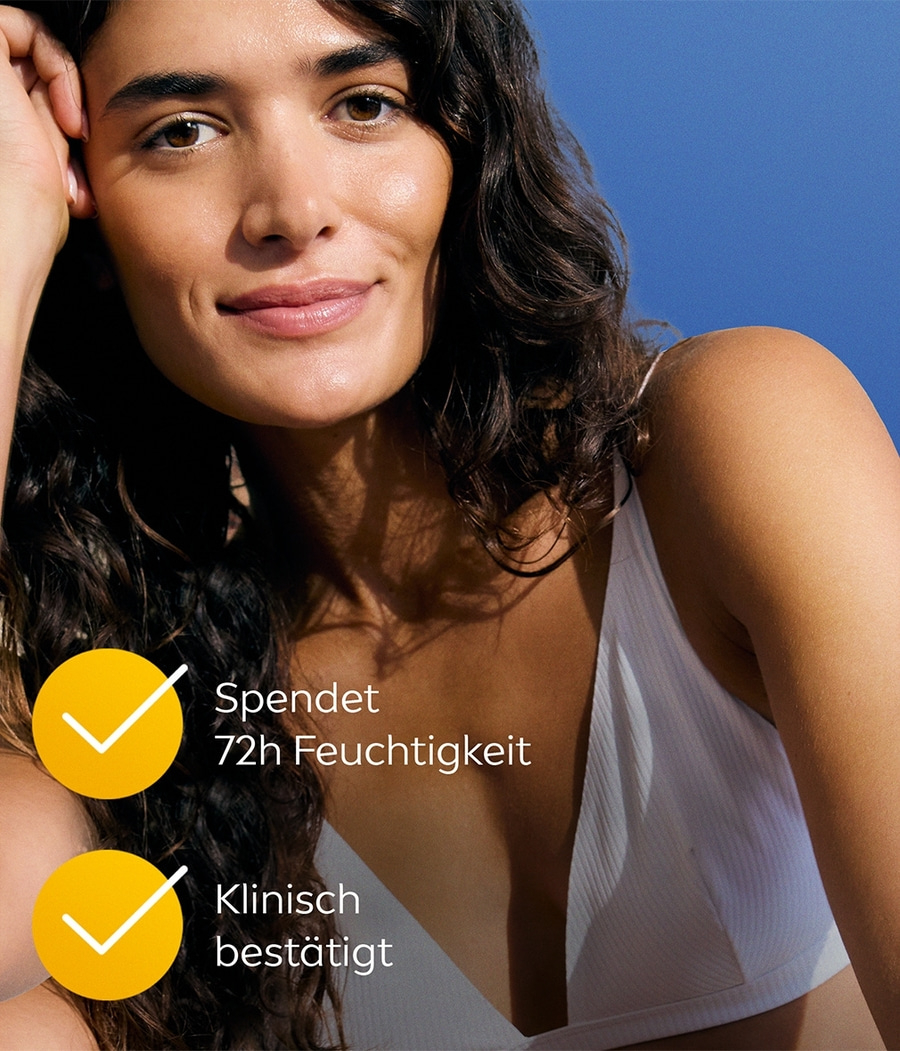 Frau mit Hautpflege-Werbung, spendet 72h Feuchtigkeit, klinisch bestätigt.