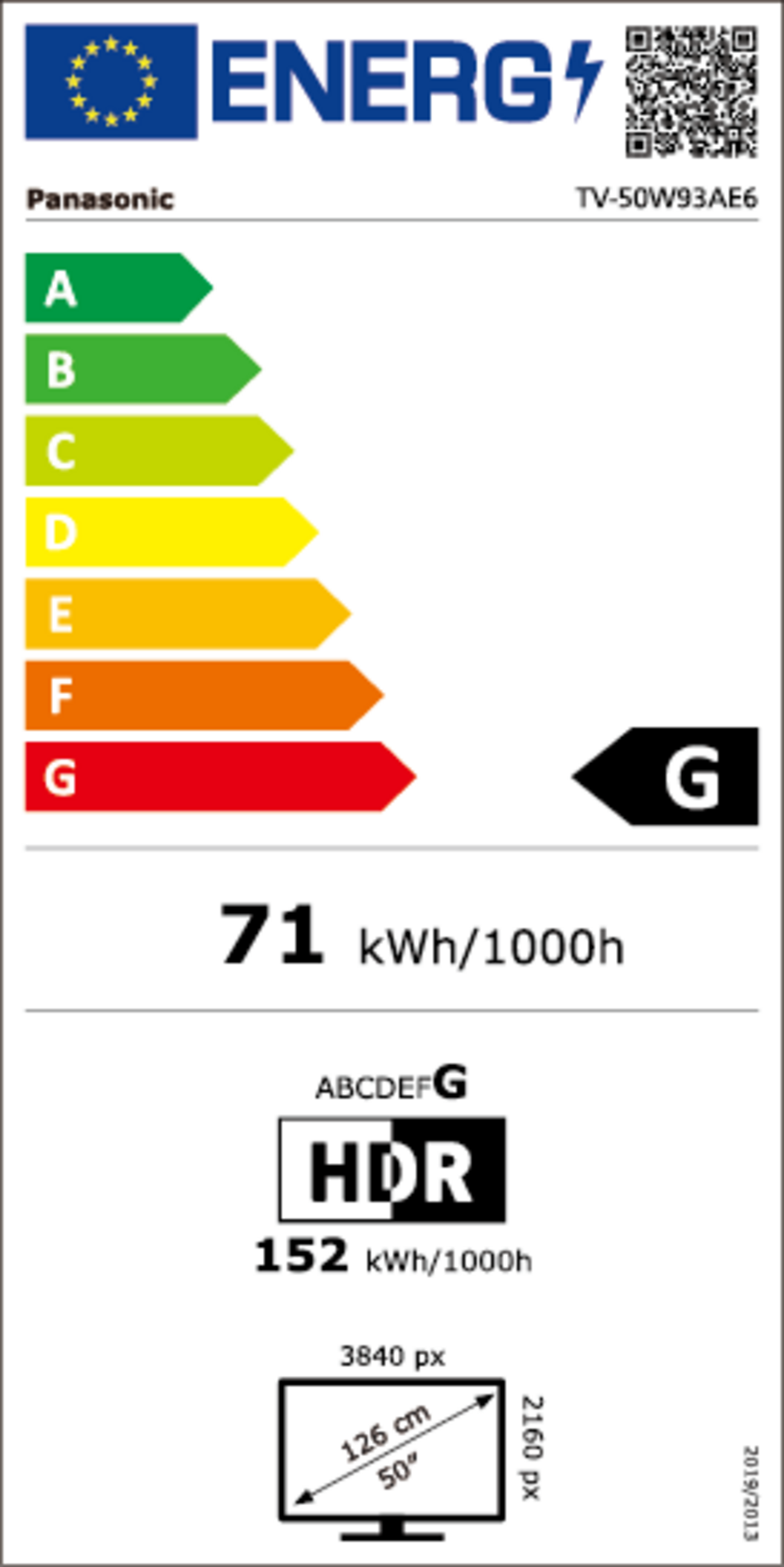 Energieetikett für Panasonic TV-50W93AE6, Energieeffizienzklasse G, 71 kWh/1000h