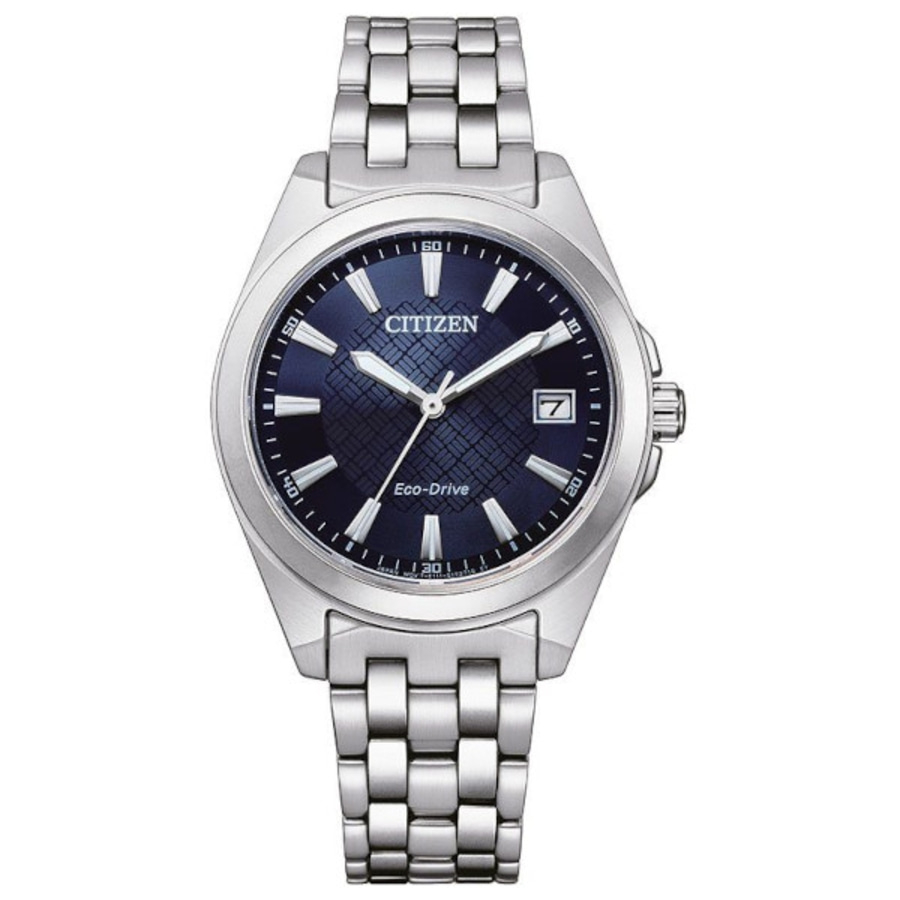 Citizen-Uhr mit blauem Zifferblatt und silbernem Armband, Eco-Drive.