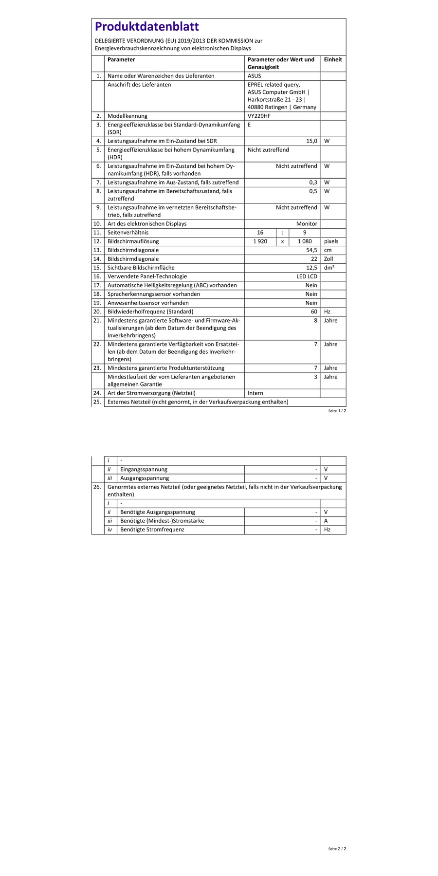 Produktdatenblatt mit technischen Daten eines Monitors, einschließlich Energieeffizienz und Abmessungen.