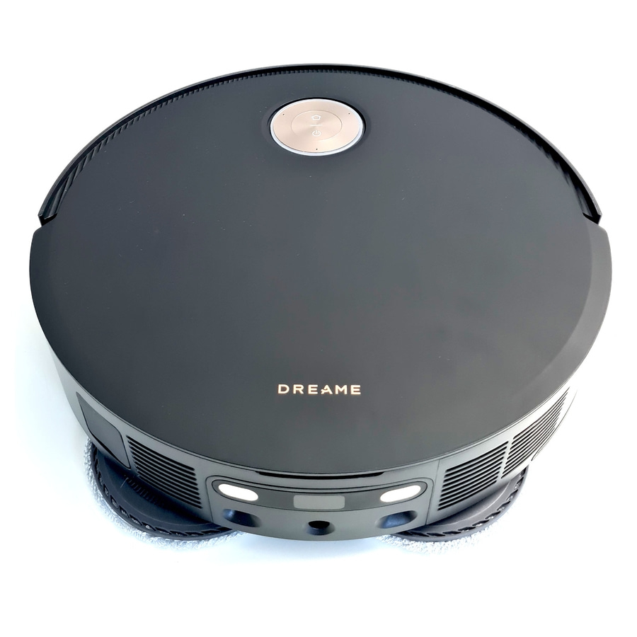 Schwarzer Roboter-Staubsauger mit der Aufschrift DREAME und einer runden Form.