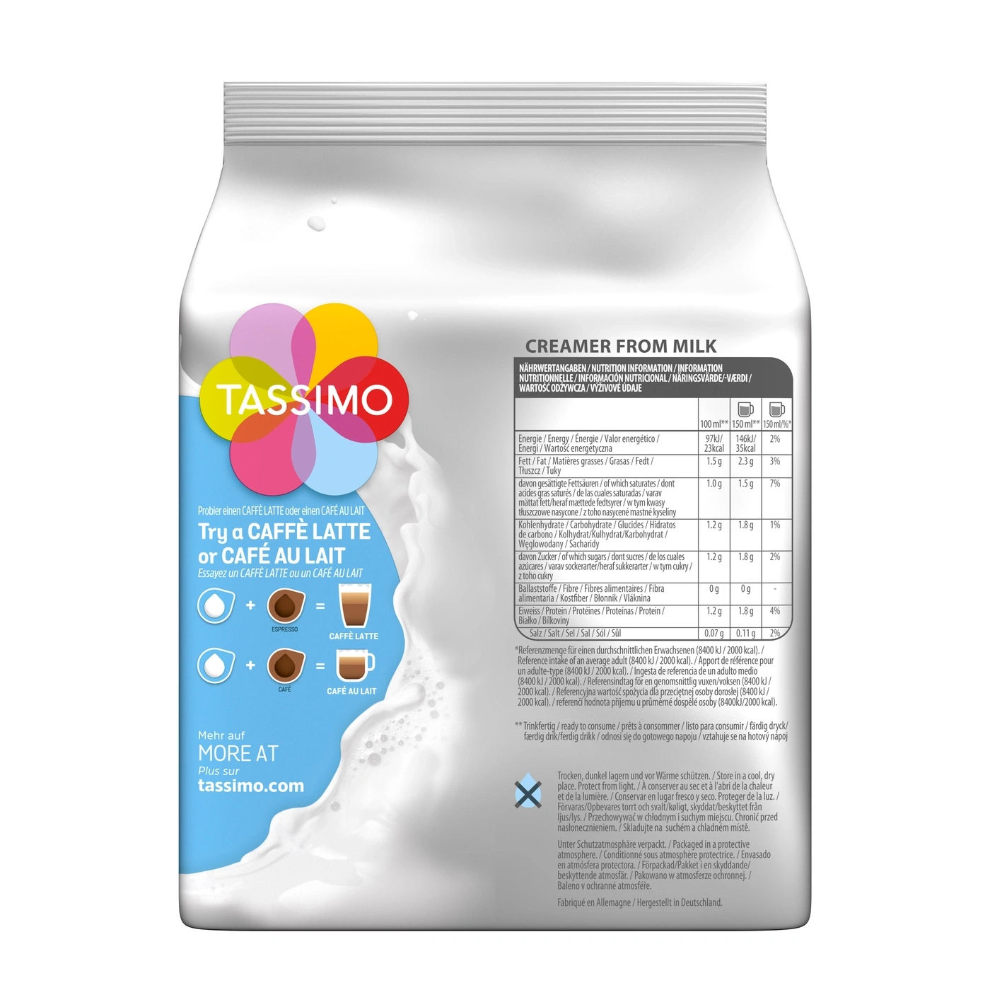 Tassimo Cremer from Milk Verpackung mit Nährwertangaben und Zubereitungshinweisen.