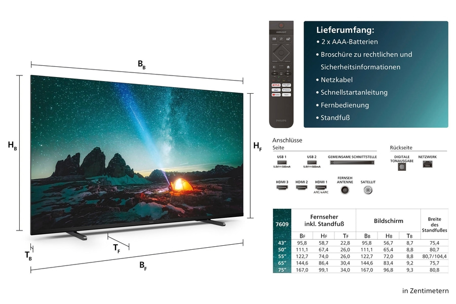 Fernseher mit technischen Daten und Zubehör, einschließlich Standfuß und Anschlüssen.