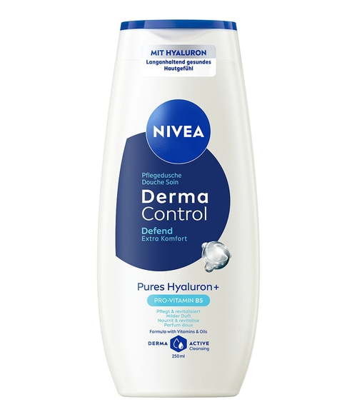 Eine weiße NIVEA Duschgelflasche mit blauen Akzenten und der Aufschrift "Derma Control".