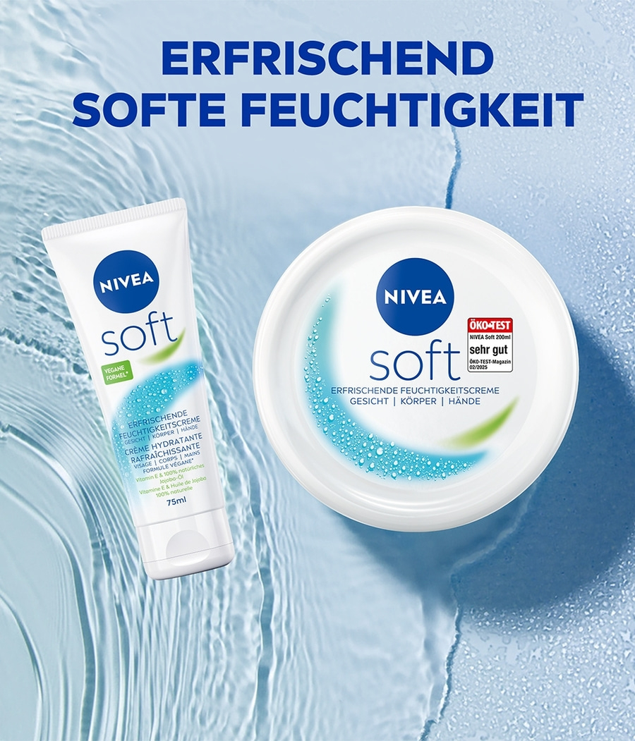 Nivea Soft Creme, erfrischend, feuchtigkeitsspendend, für Gesicht, Körper und Hände, vegane Formel.